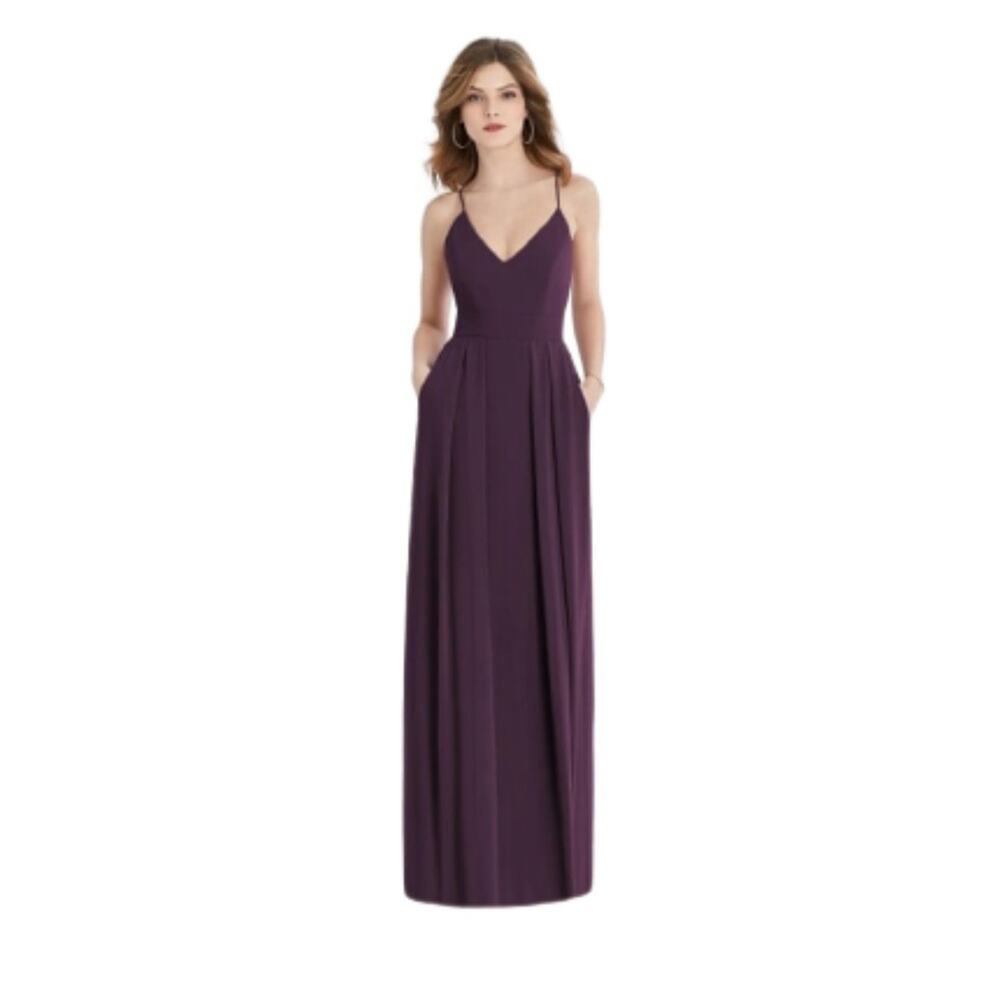 After Six Aubergine Spaghetti Strap Pleated Pocket Formal Dress 1514 Size 14 NEW